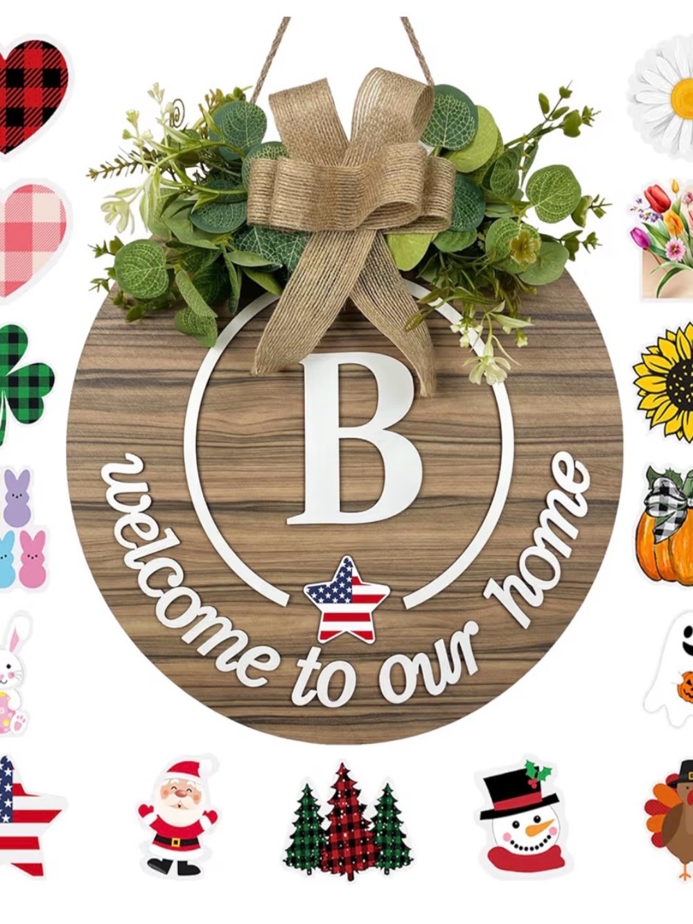 Welcome to Our Home Wooden Monogram Door Hanger - B - Green Accent